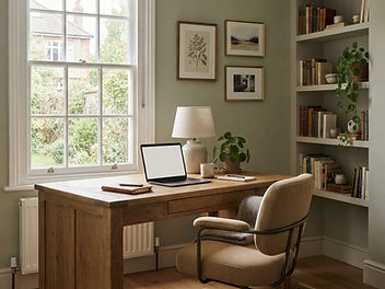 Home office in a British house with a solid wood desk side-on to a sash window, a boucle desk chair, sage green walls, framed prints, a table lamp and alcove bookshelves with plants