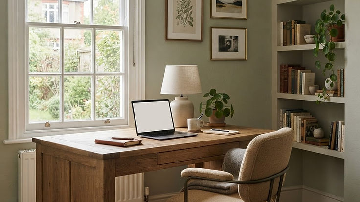 Home office in a British house with a solid wood desk side-on to a sash window, a boucle desk chair, sage green walls, framed prints, a table lamp and alcove bookshelves with plants