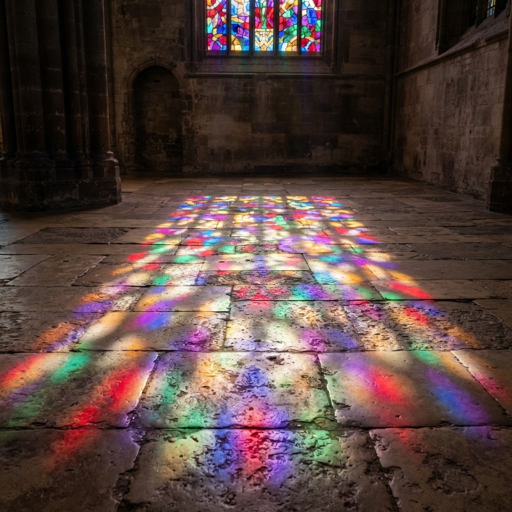 Coloured light from a stained glass window falling across an old stone floor