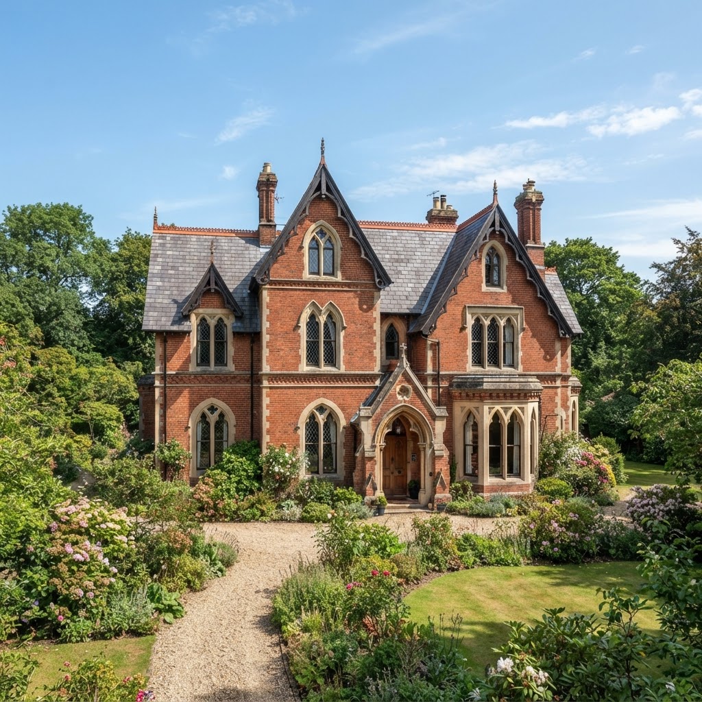 Victorian Gothic Revival red brick house with pointed-arch windows and stone trim