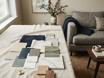 Interior design mood board of paint swatches, fabric samples, marble and wood finishes in navy, sage and neutral tones laid out on a linen-covered table