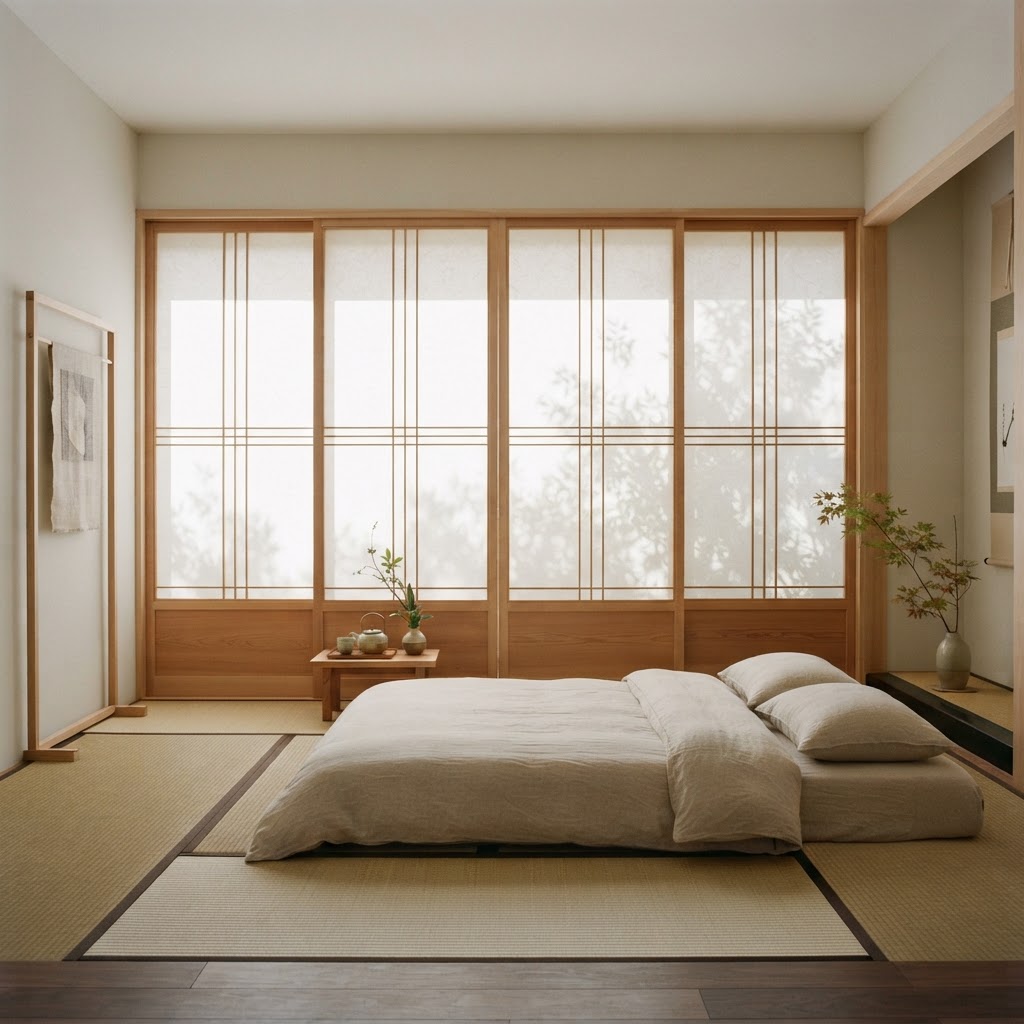 Japanese-style paper sliding screens with light wood frames in a calm minimal bedroom