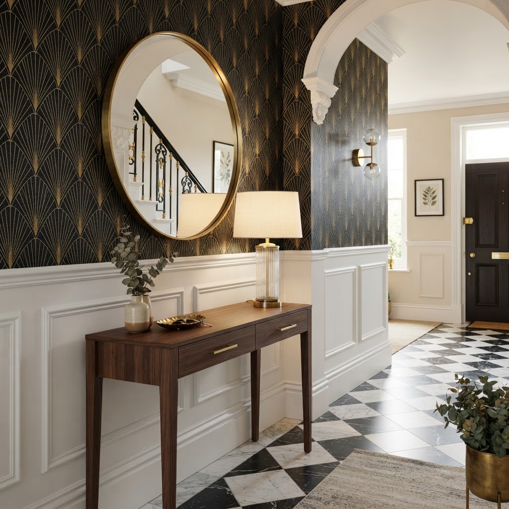 Hallway with black and gold Art Deco geometric fan pattern wallpaper above white wall panelling, a walnut console table, a round brass mirror, a table lamp and a black and white tiled floor