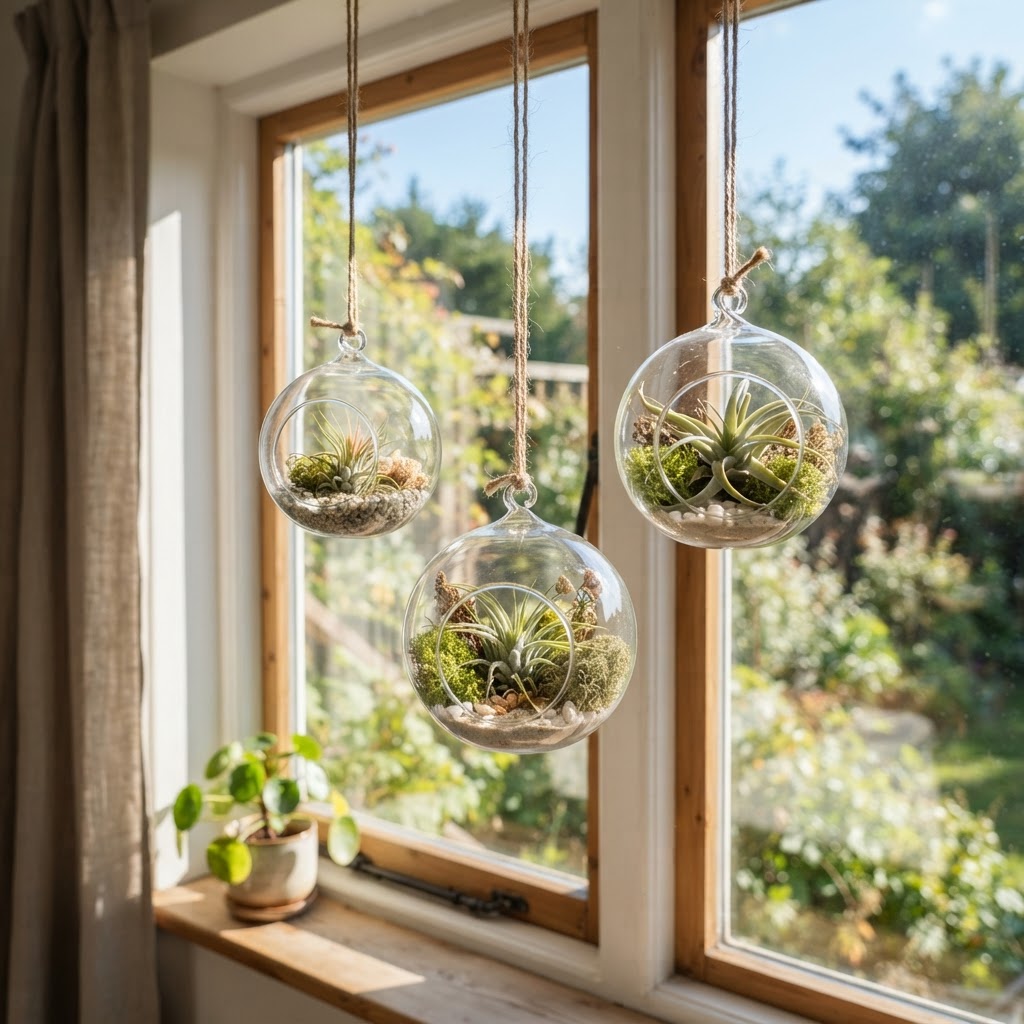 Three hanging glass globe terrariums with air plants and moss by a sunny window