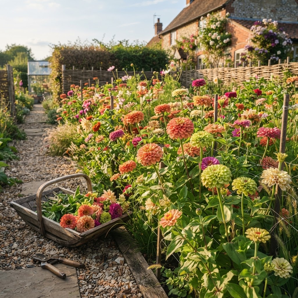 Sunny cut flower garden bed of blooming zinnias in coral, peach, lime green, magenta and cream, with a wooden trug and floristry snips on the path