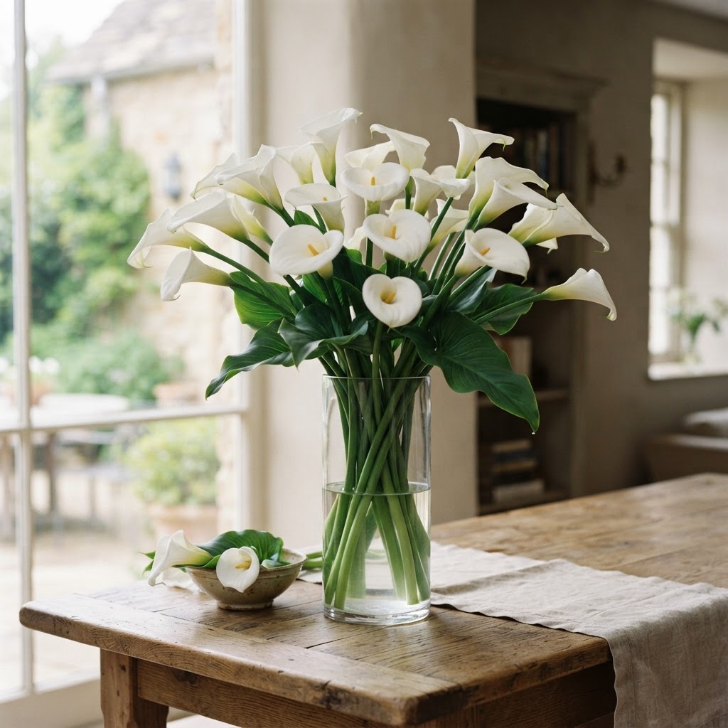 White calla lilies in a tall glass vase on a table