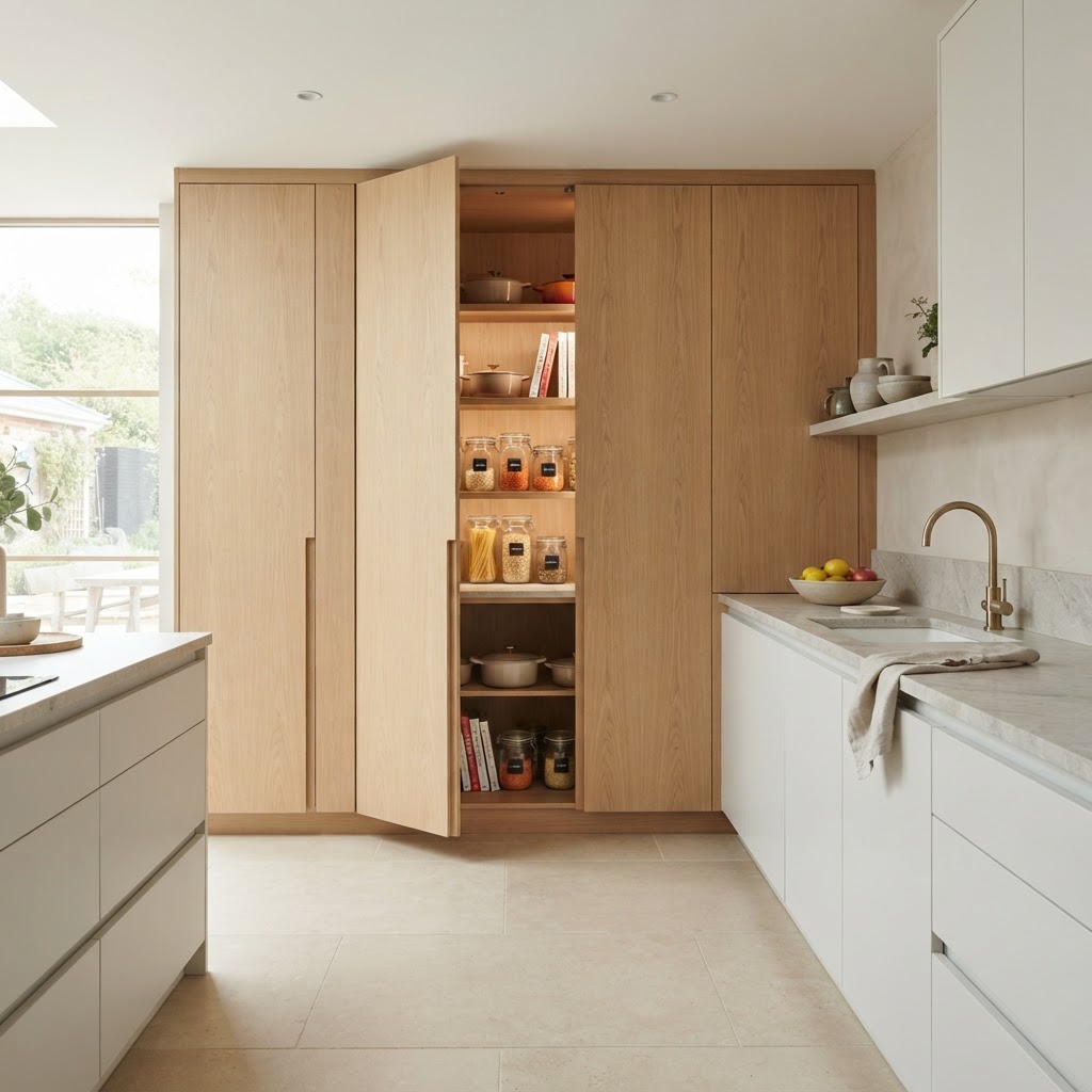 A wall of floor-to-ceiling pale oak veneer handleless tall cabinets, with one push-to-open door gently open to reveal a pantry larder with jars and baskets, beside a white kitchen with a stone worktop