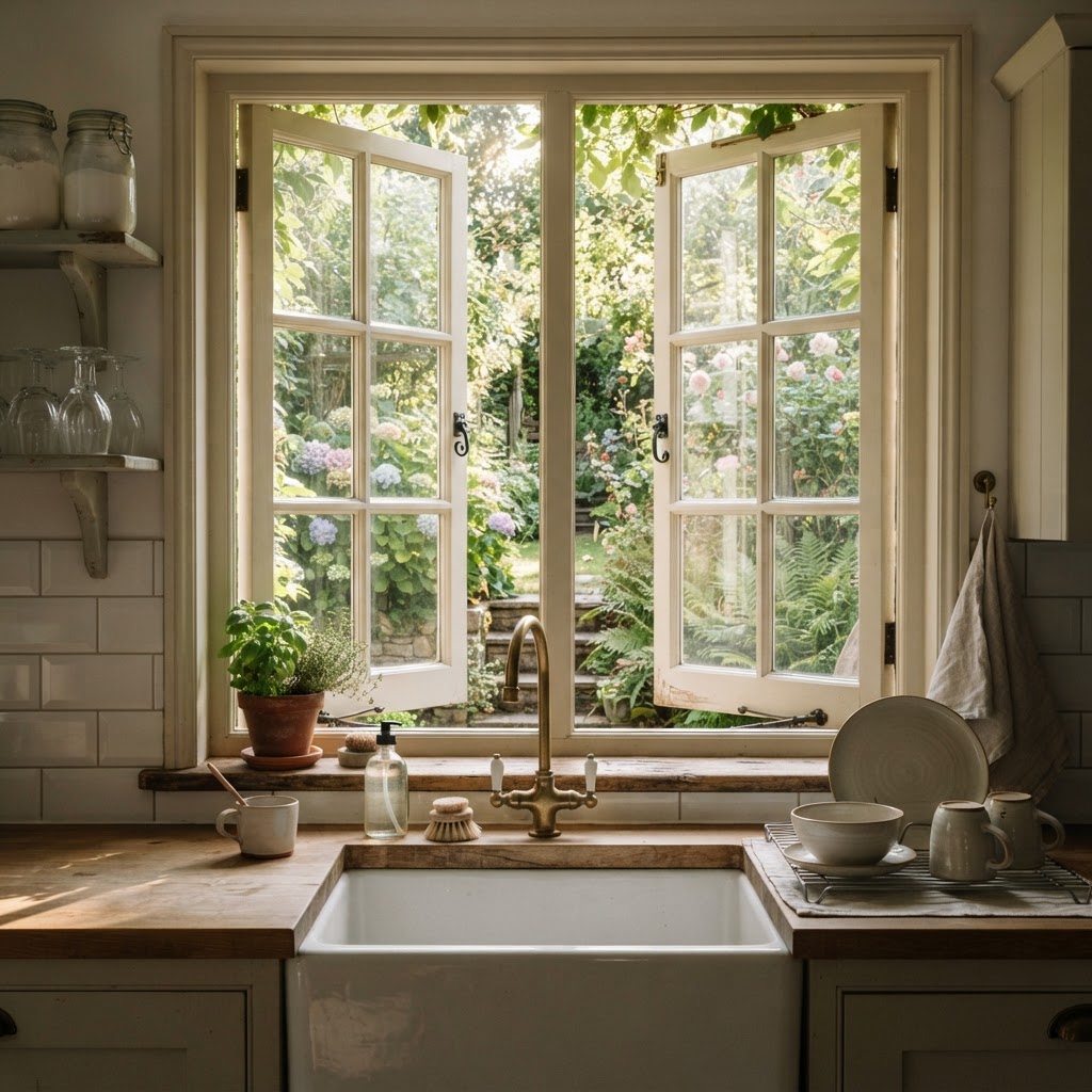 French casement windows opened above a kitchen sink onto a green garden