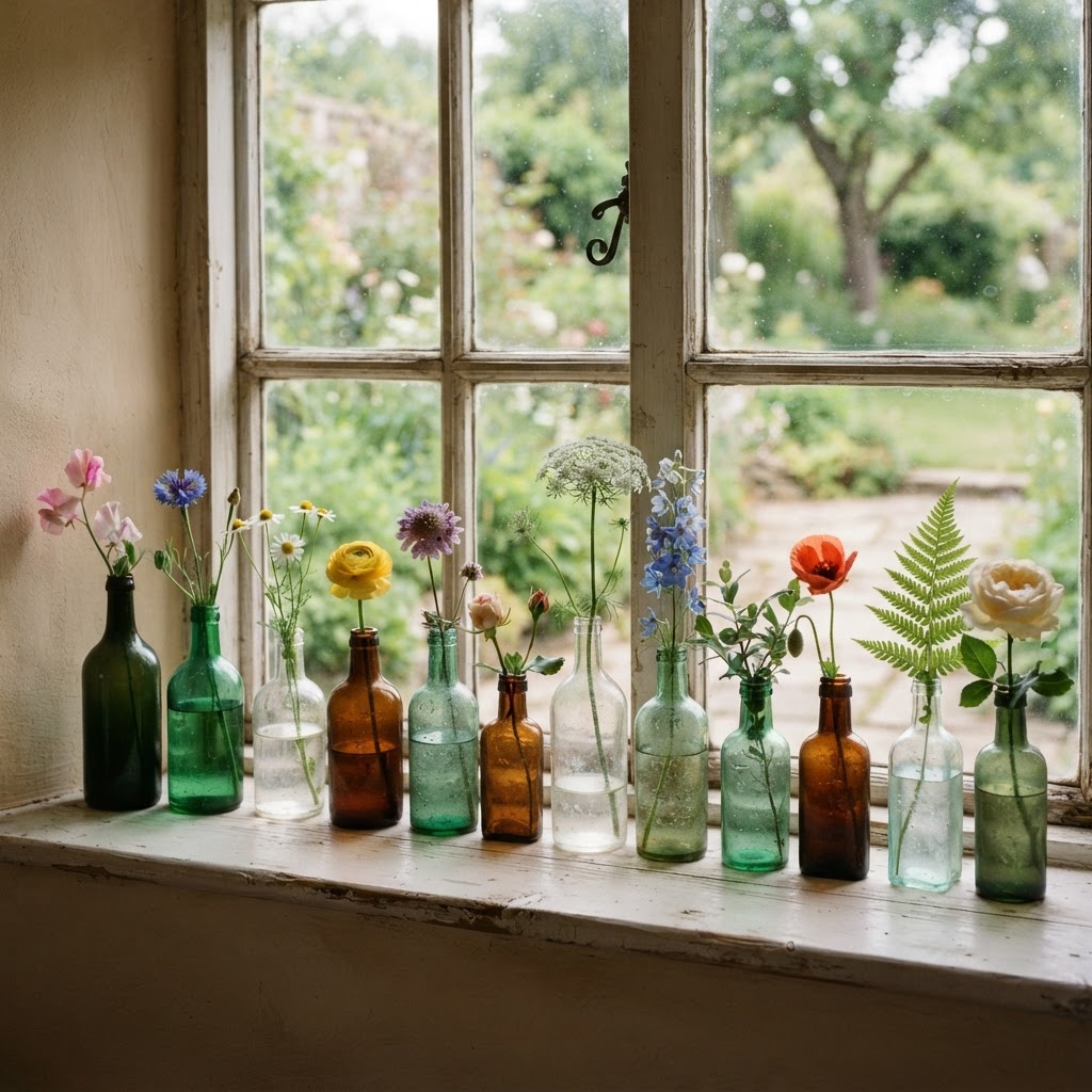 Collection of mismatched vintage glass bottles each holding a single flower stem lined up on a windowsill