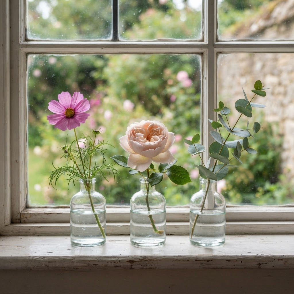 Three small glass bud vases each holding a single stem of cosmos, a rose and a sprig of greenery on a windowsill