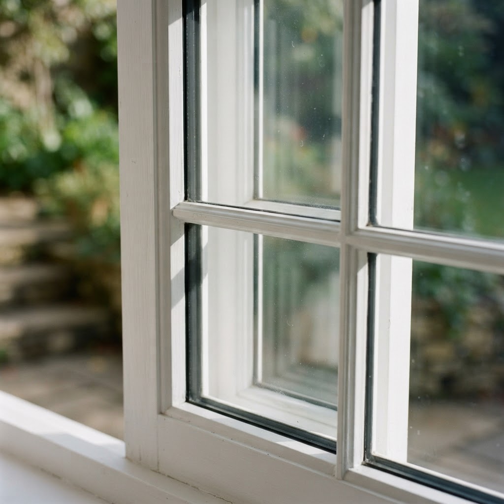 Close-up of a white window with simulated divided lite grilles