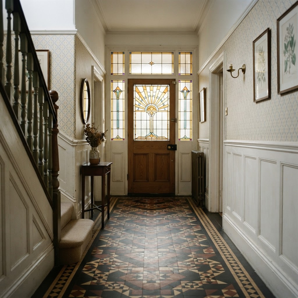 1930s hallway with a stained glass sunburst front door and geometric floor tiles