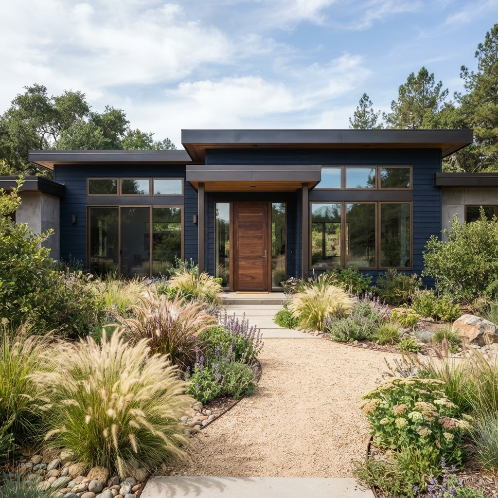 Dark navy modern single-storey house with bronze-brown window frames and fascia, a warm walnut front door and a gravel path through ornamental grasses