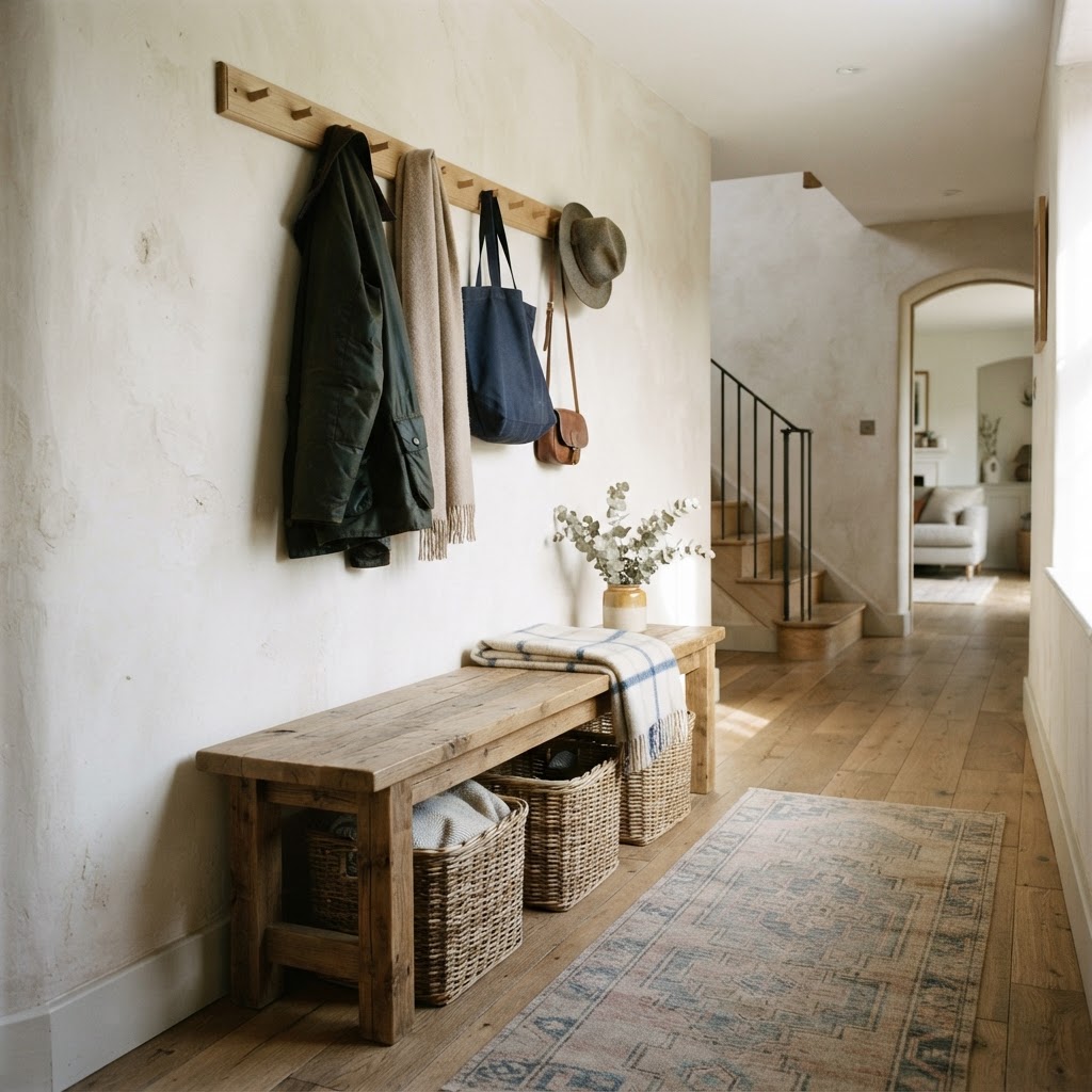 Rustic hallway bench with woven baskets underneath and coats and bags on a peg rail