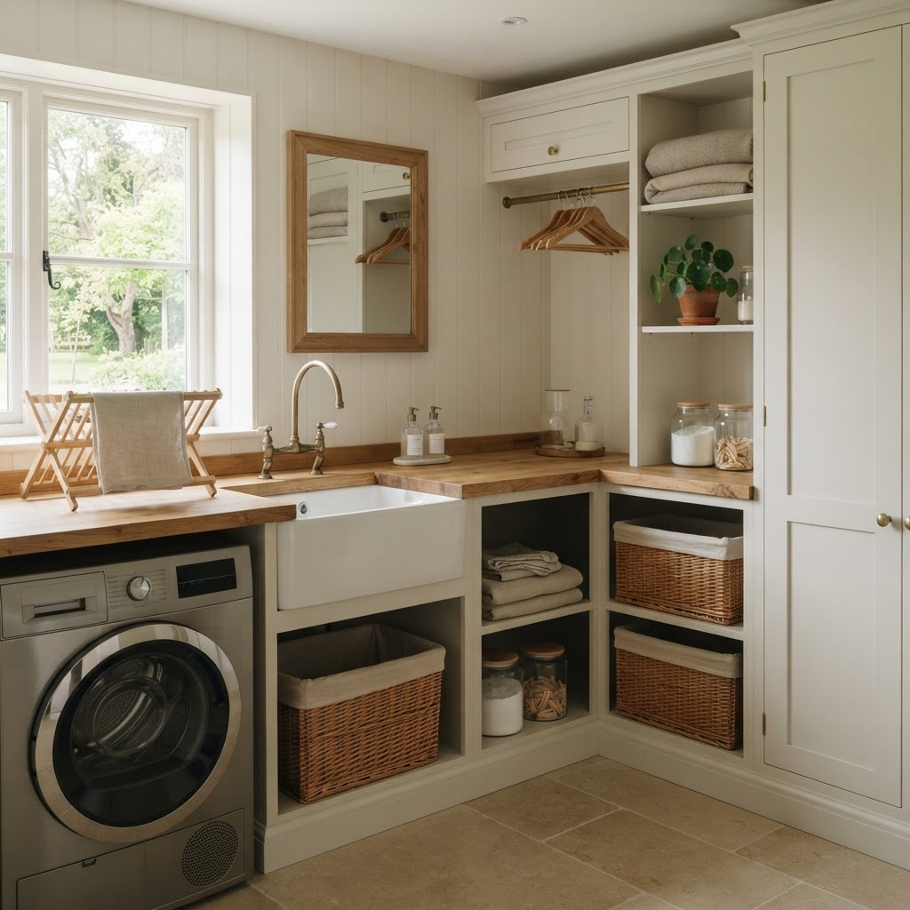 Laundry room with soft warm white walls and cabinets, a wooden worktop, a butler sink, open shelves and woven baskets