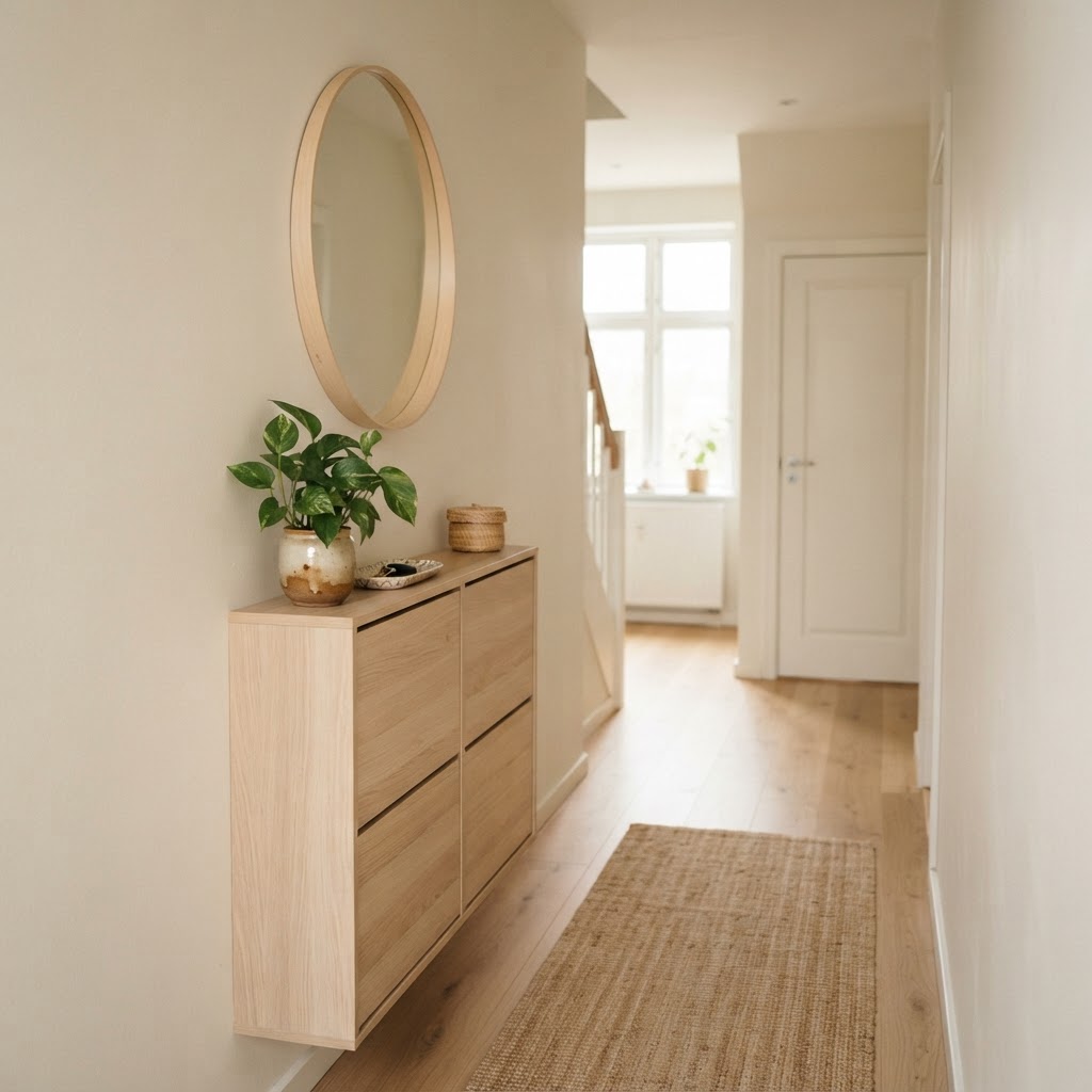 Narrow hallway with a slim oak shoe cabinet, a round mirror and a small plant