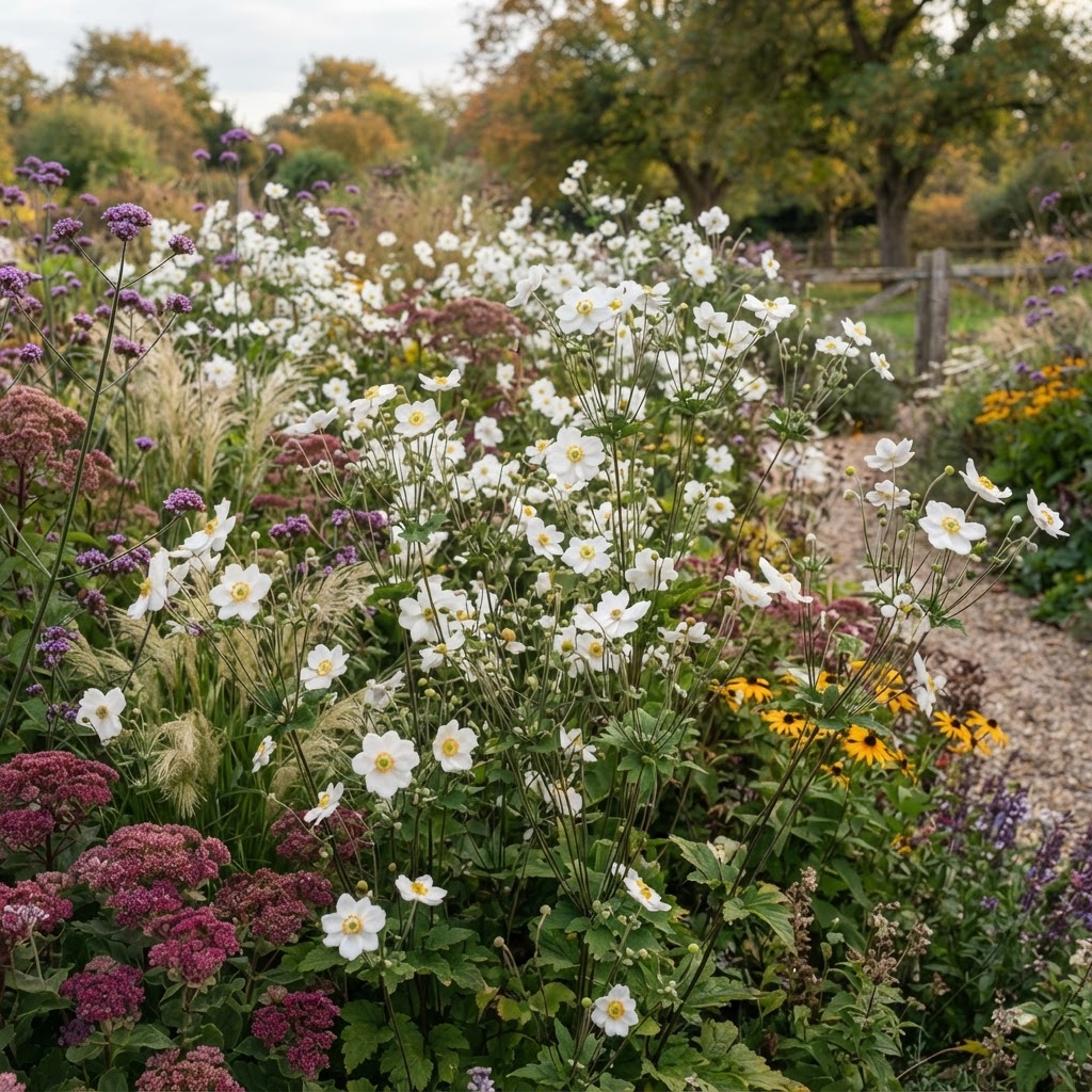 Tall white Honorine Jobert Japanese anemones flowering in an autumn border