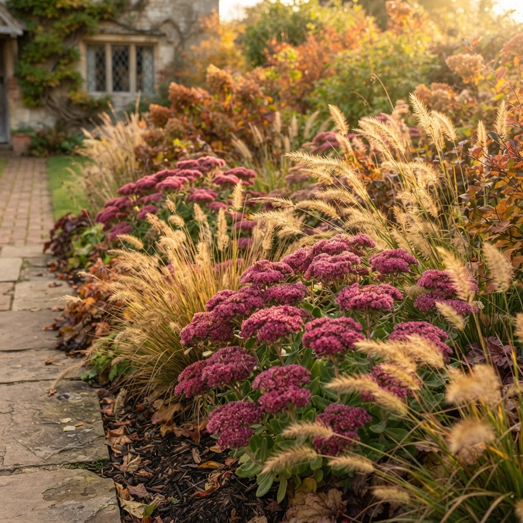 Pink sedum flower heads with ornamental grasses in an autumn border beside a brick path in low golden light