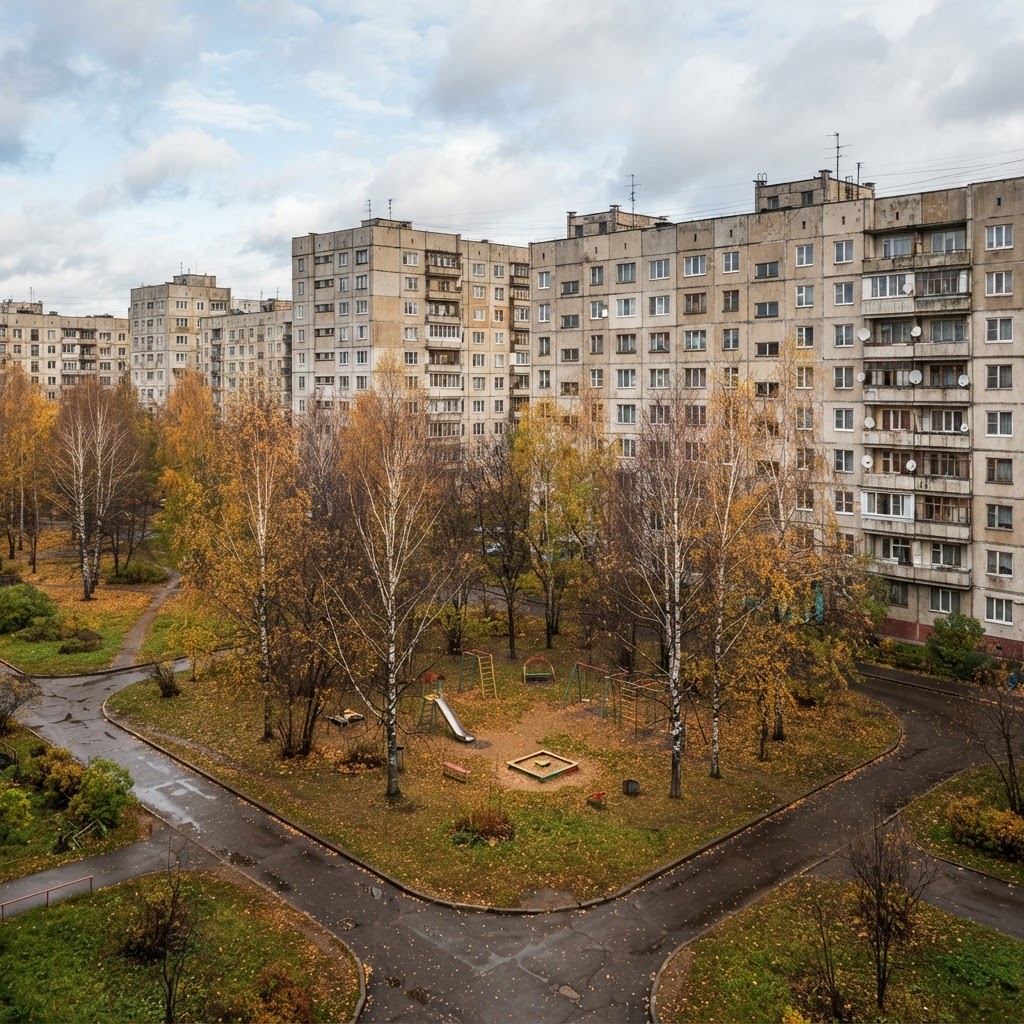 Estate of prefabricated concrete panel apartment blocks with a playground and birch trees in autumn
