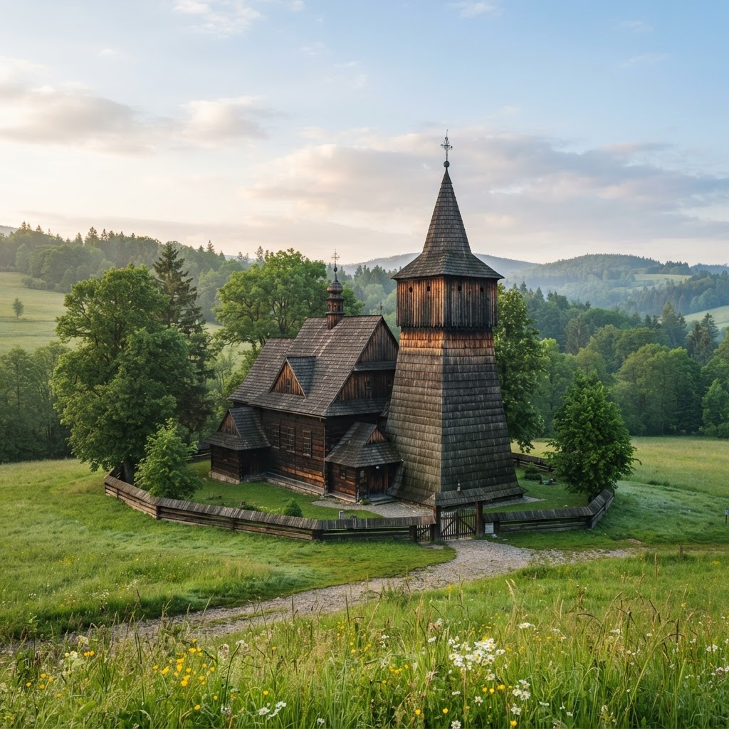 Traditional Polish wooden church in green countryside with a dark larch shingle roof, a tall square timber bell tower with a spire, a wooden fence around the churchyard and wooded hills behind