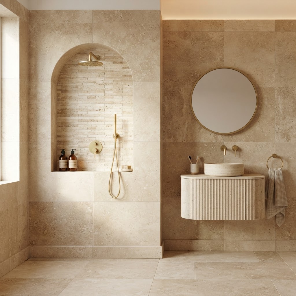 Travertine bathroom with an arched shower niche, brass fittings and a fluted vanity