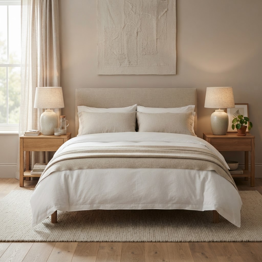 Pair of matching ceramic table lamps with linen shades on bedside tables either side of a neatly made bed
