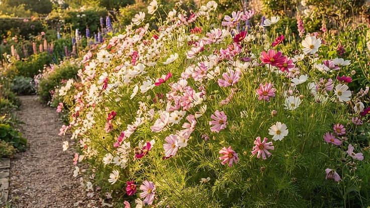 Tall drift of white and pink cosmos flowers with feathery foliage in a cottage garden border in golden evening light