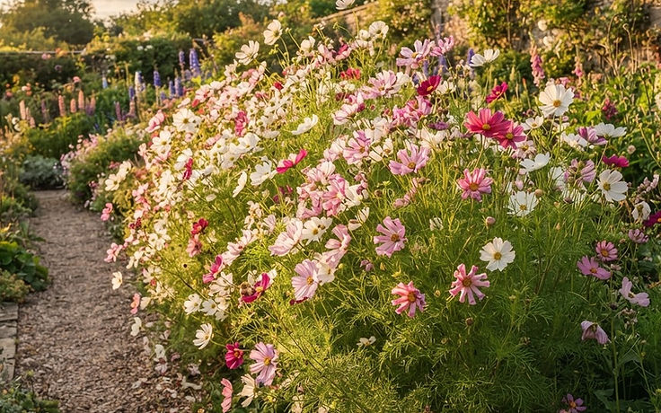 Tall drift of white and pink cosmos flowers with feathery foliage in a cottage garden border in golden evening light