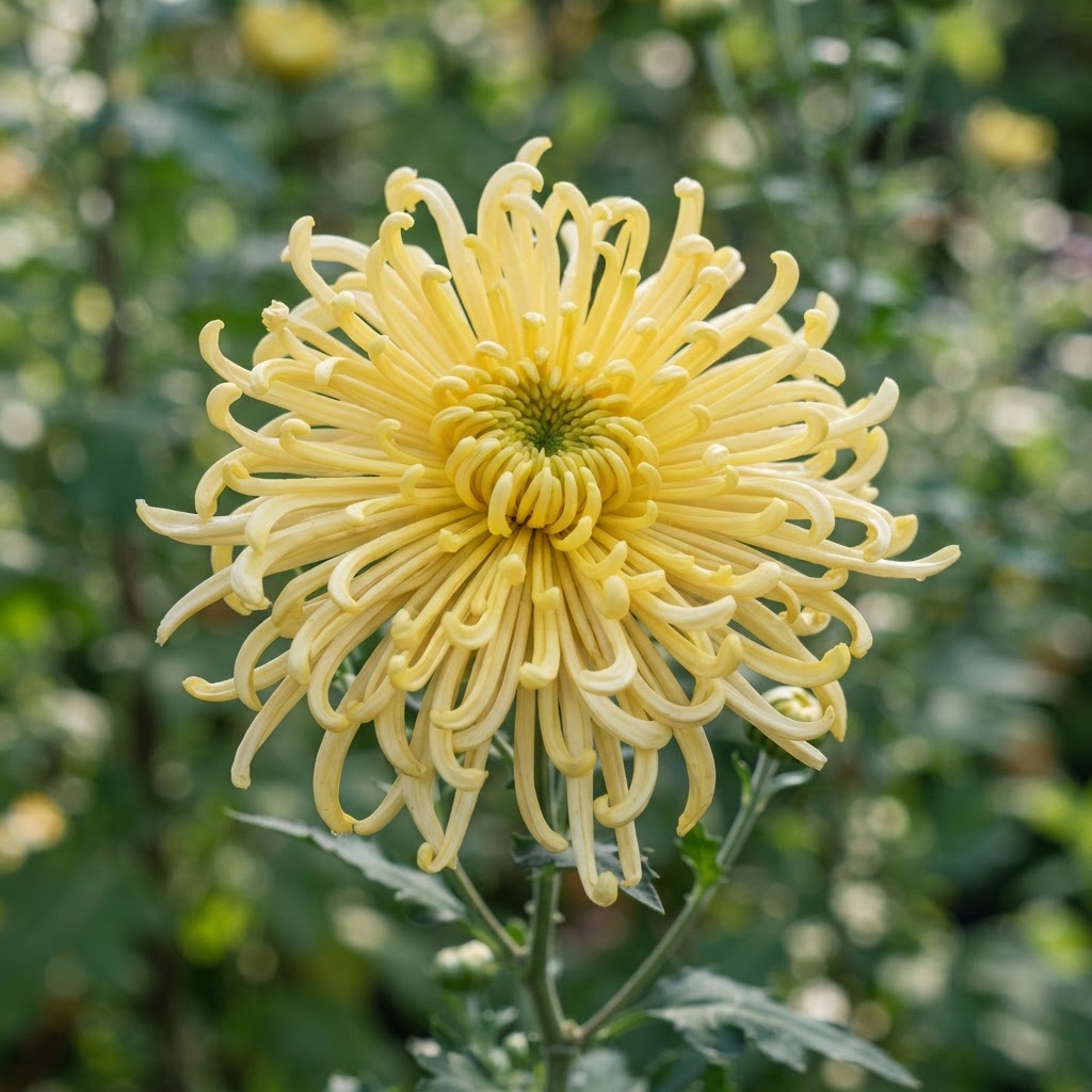 Close-up of a spider chrysanthemum with long thin curling petals in soft yellow