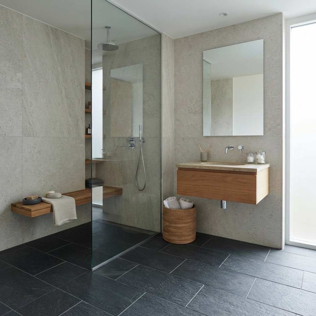 Bathroom with a dark slate floor, a floating teak bench and stone-look shower walls