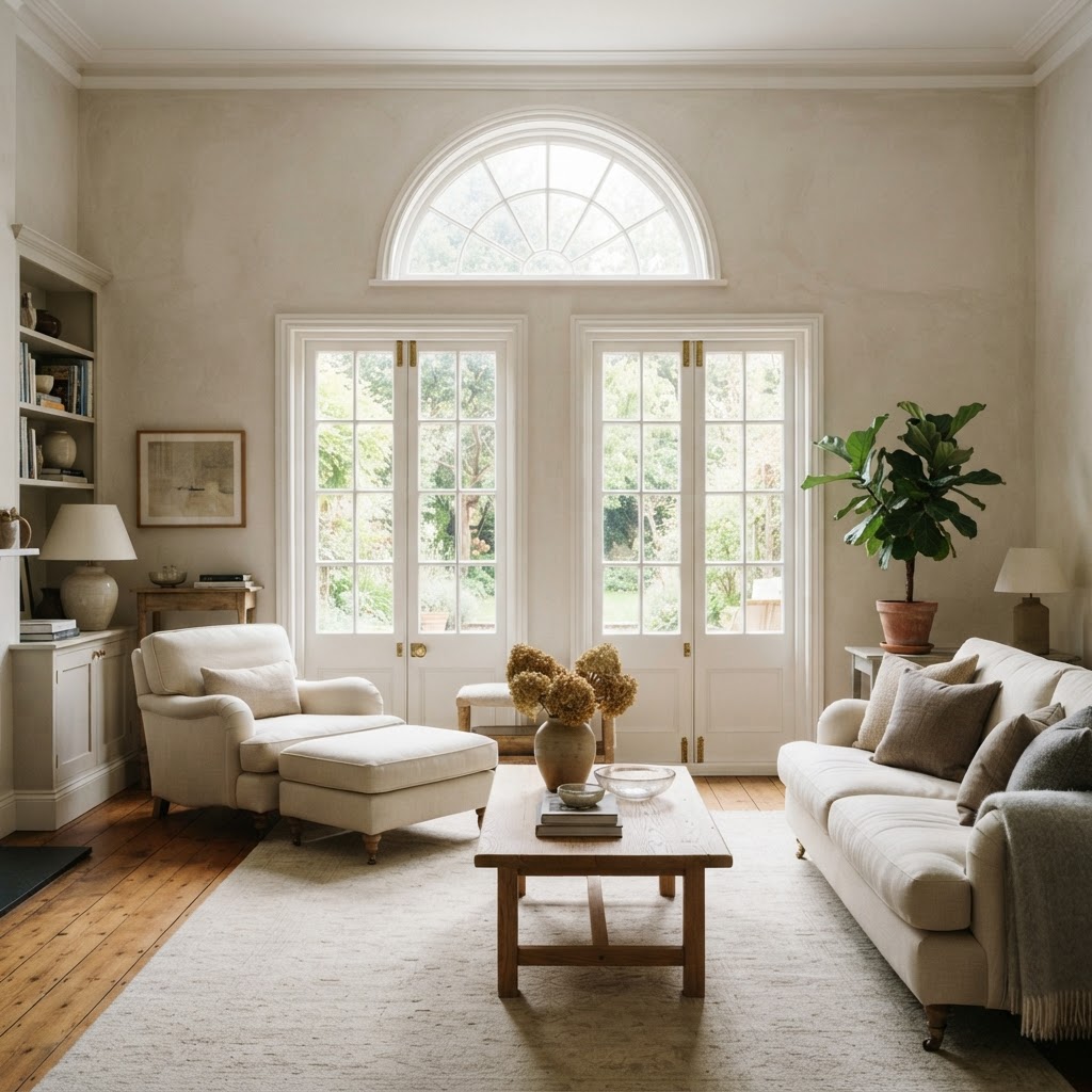 Half-round arched window above a pair of tall glazed doors in a living room