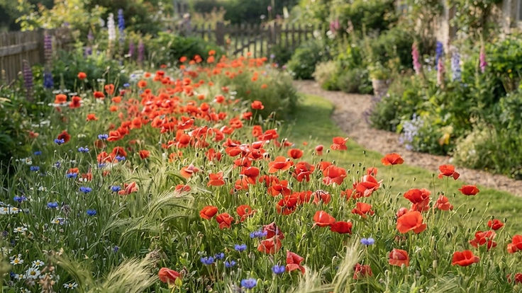 Sweep of red field poppies flowering among grasses and cornflowers in a cottage garden meadow in early summer
