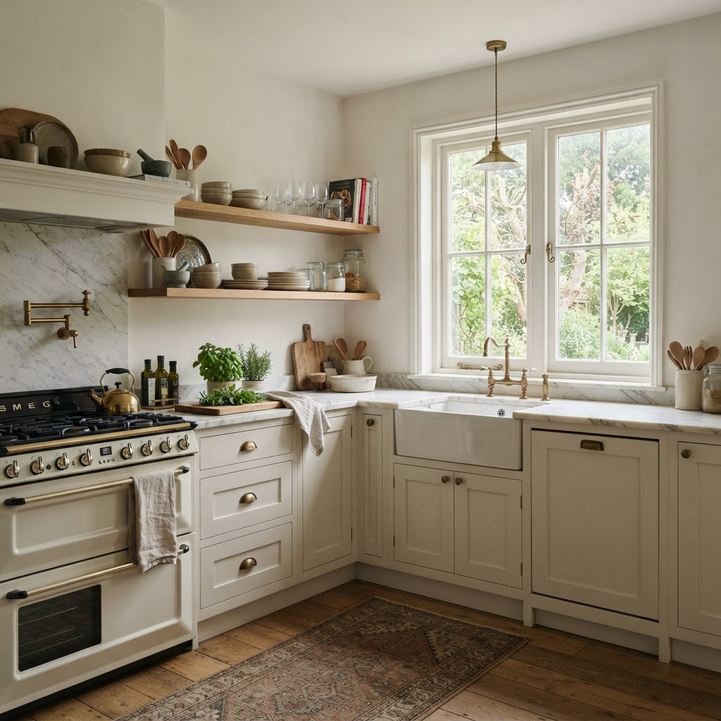 Kitchen with warm white painted walls and shaker cabinets, a range cooker, brass taps, a marble worktop and open wooden shelves