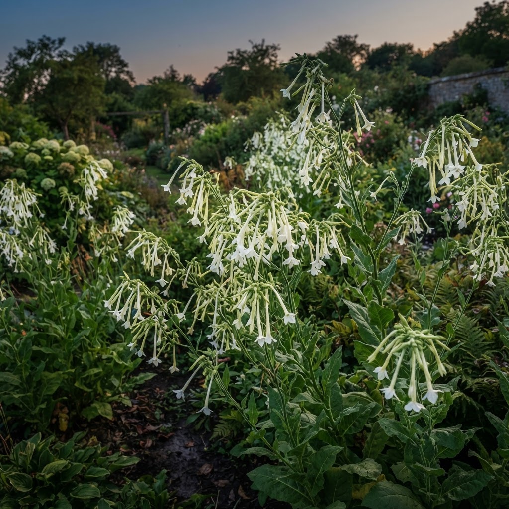 Tall Nicotiana sylvestris with drooping clusters of long white trumpet flowers in an evening garden