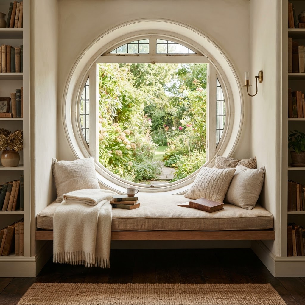 Cosy reading nook with a cushioned bench set into a large round window