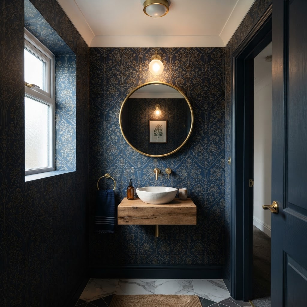 Small downstairs cloakroom with dark navy patterned wallpaper, a white basin on a floating oak shelf, a round brass mirror and a wall light