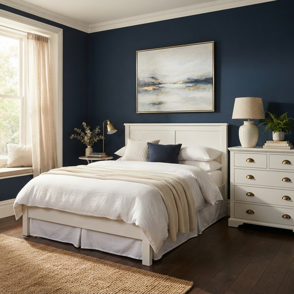 Bedroom with deep navy blue walls, a white painted bed and a white chest of drawers with brass handles