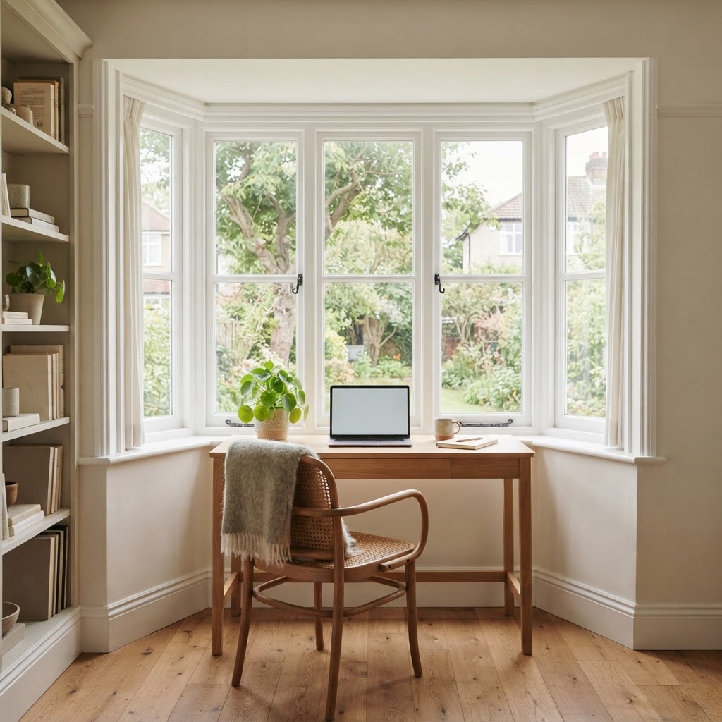 Bay window used as a home office with a wooden desk facing the view