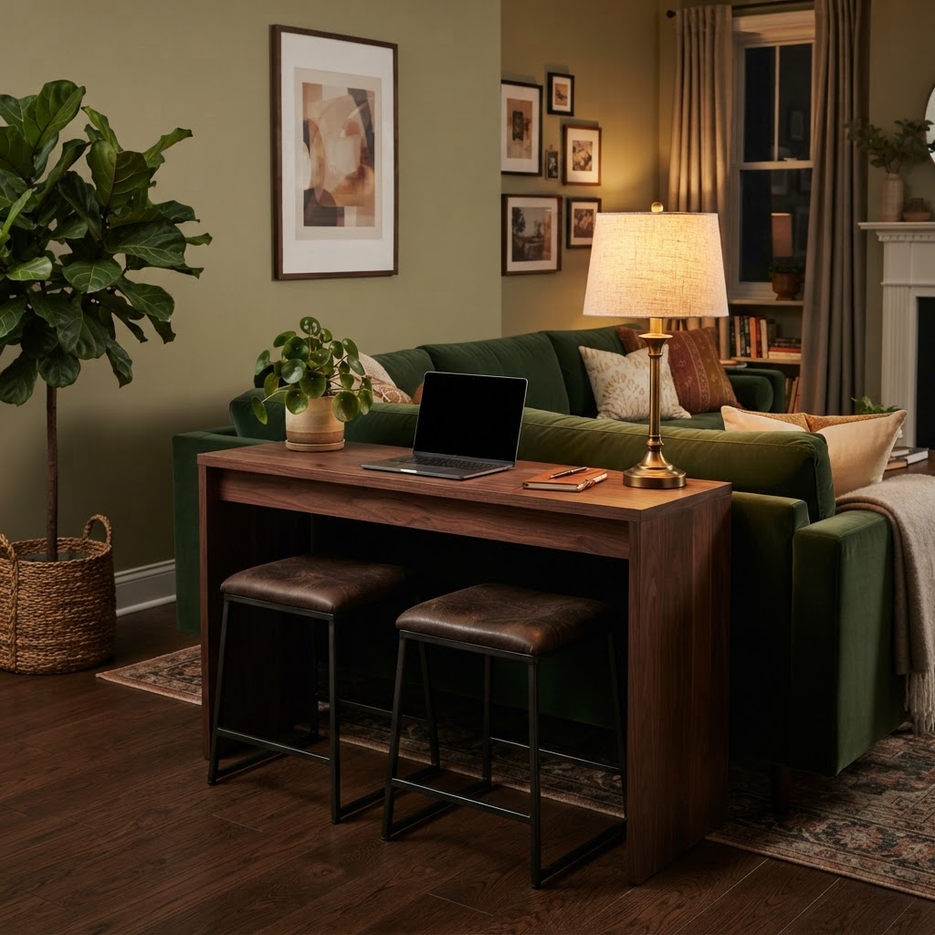 Dark walnut console table behind a deep green velvet sofa used as a small workspace, with two leather stools tucked underneath, a brass lamp, a closed laptop and a plant in a cosy evening living room