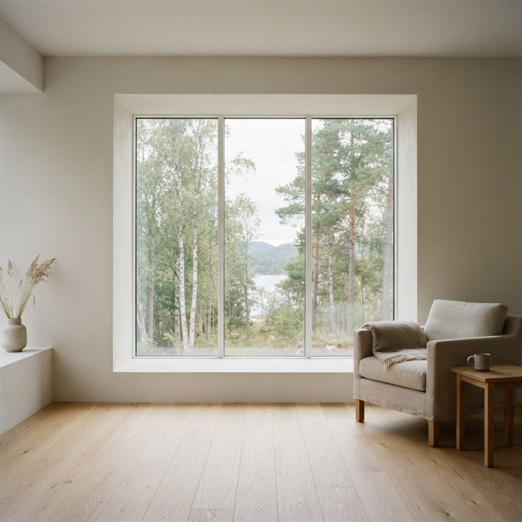 Minimal trimless window with plaster returns in a Scandinavian living room