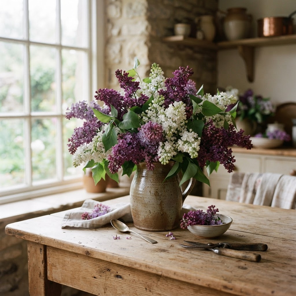 Large bunch of freshly cut purple and white lilacs in a stoneware jug on a farmhouse kitchen table