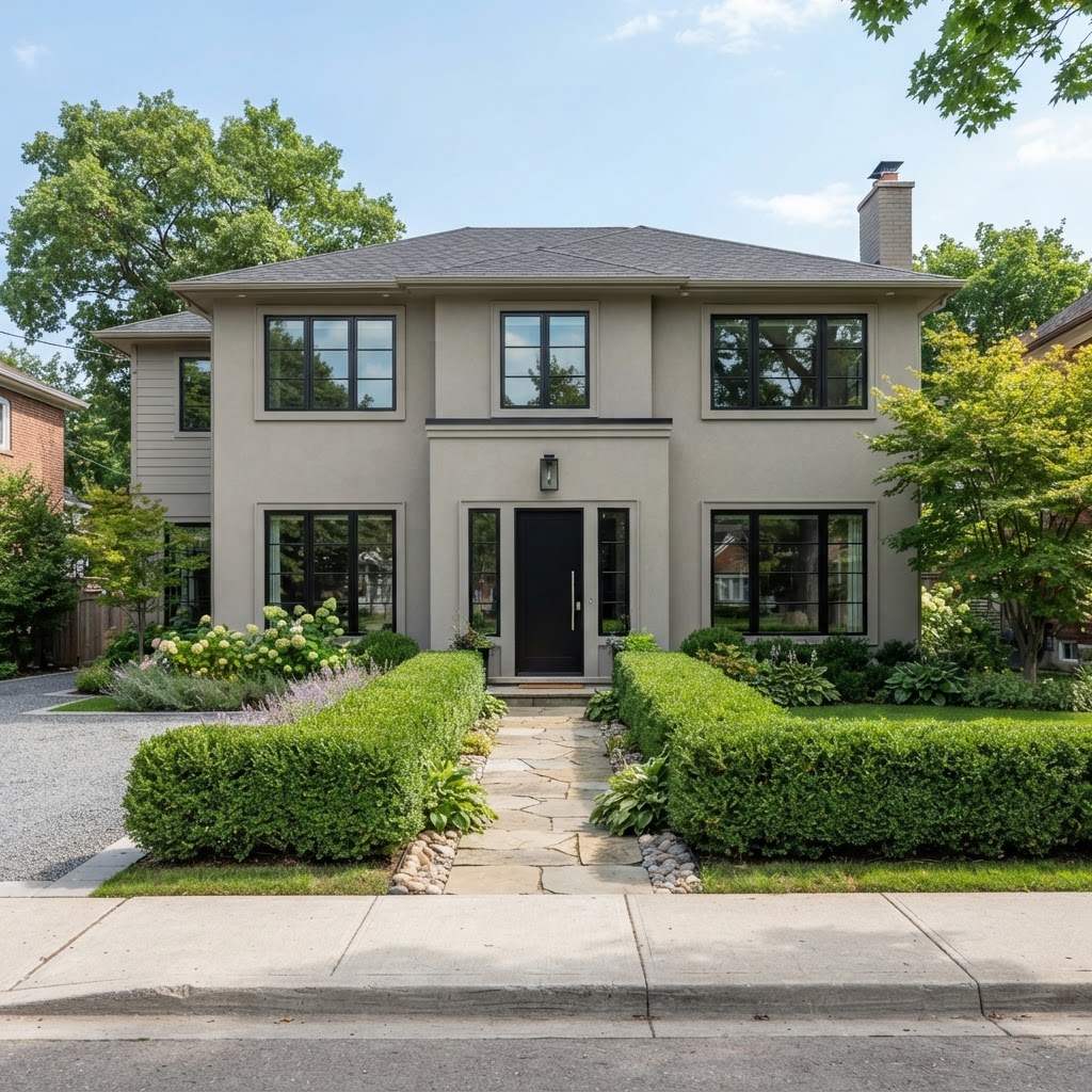 Greige two-storey house with slim black window frames, white trim, a dark front door and a neat front garden with clipped shrubs and a stone path
