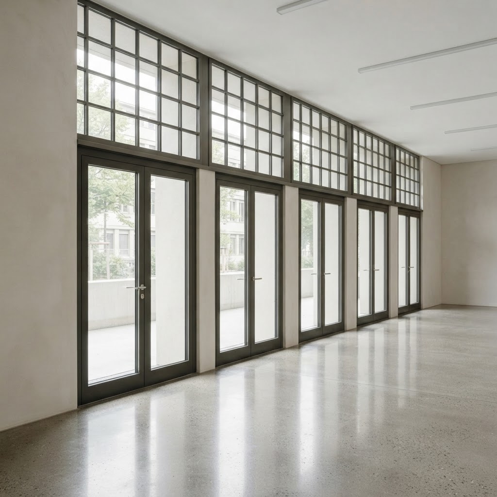 Row of grid transom windows above tall glazed doors in a modern room