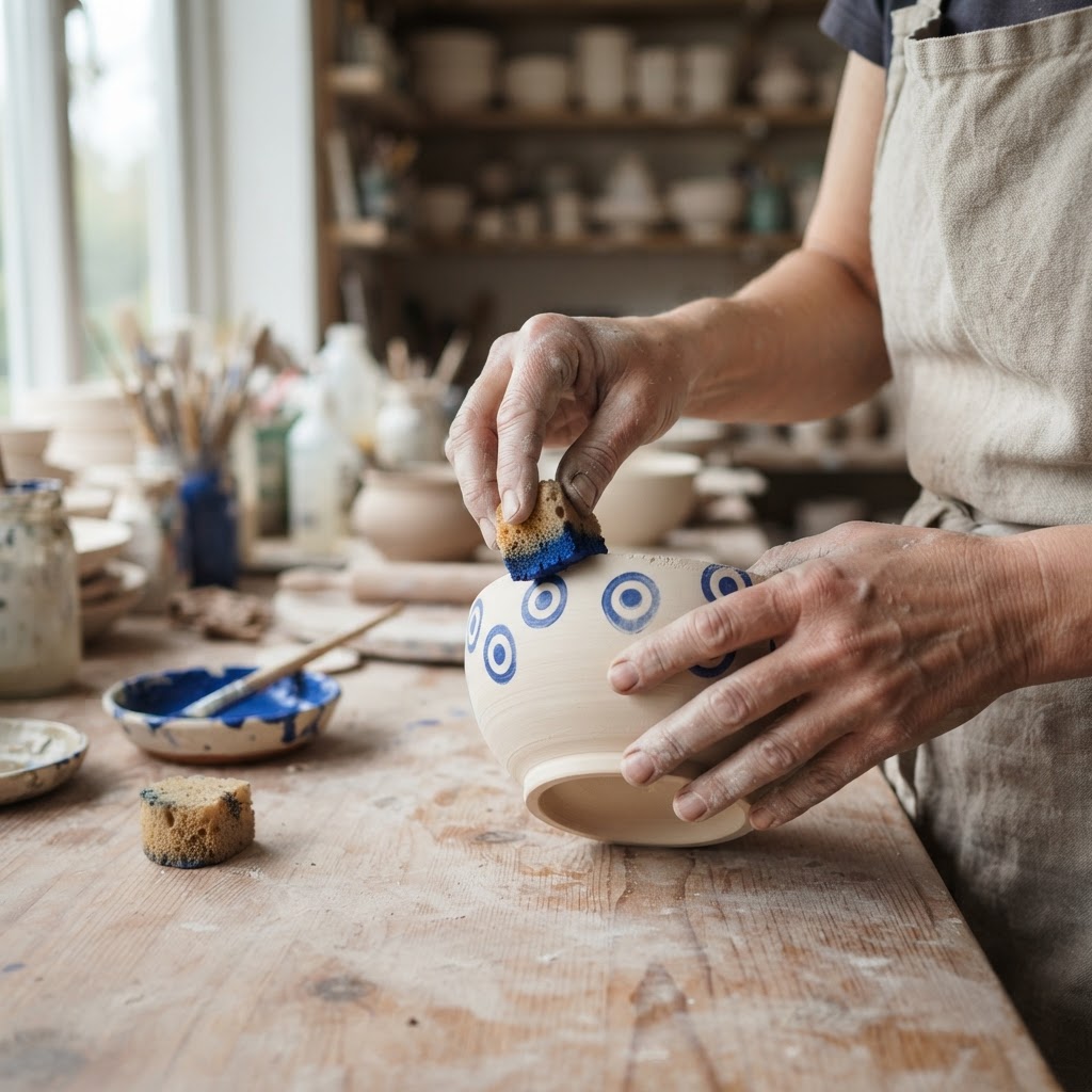 Close-up of an artisan's hands pressing a small sponge stamp to print cobalt blue peacock eye circles onto an unglazed cream stoneware bowl, with a dish of blue paint and spare sponges on a wooden workbench