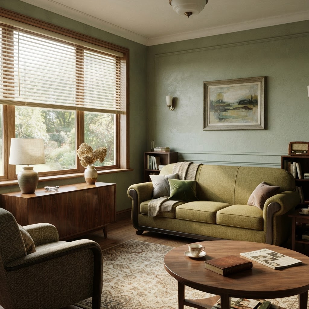 1940s-style living room with a streamlined sofa, wood veneer furniture and Venetian blinds