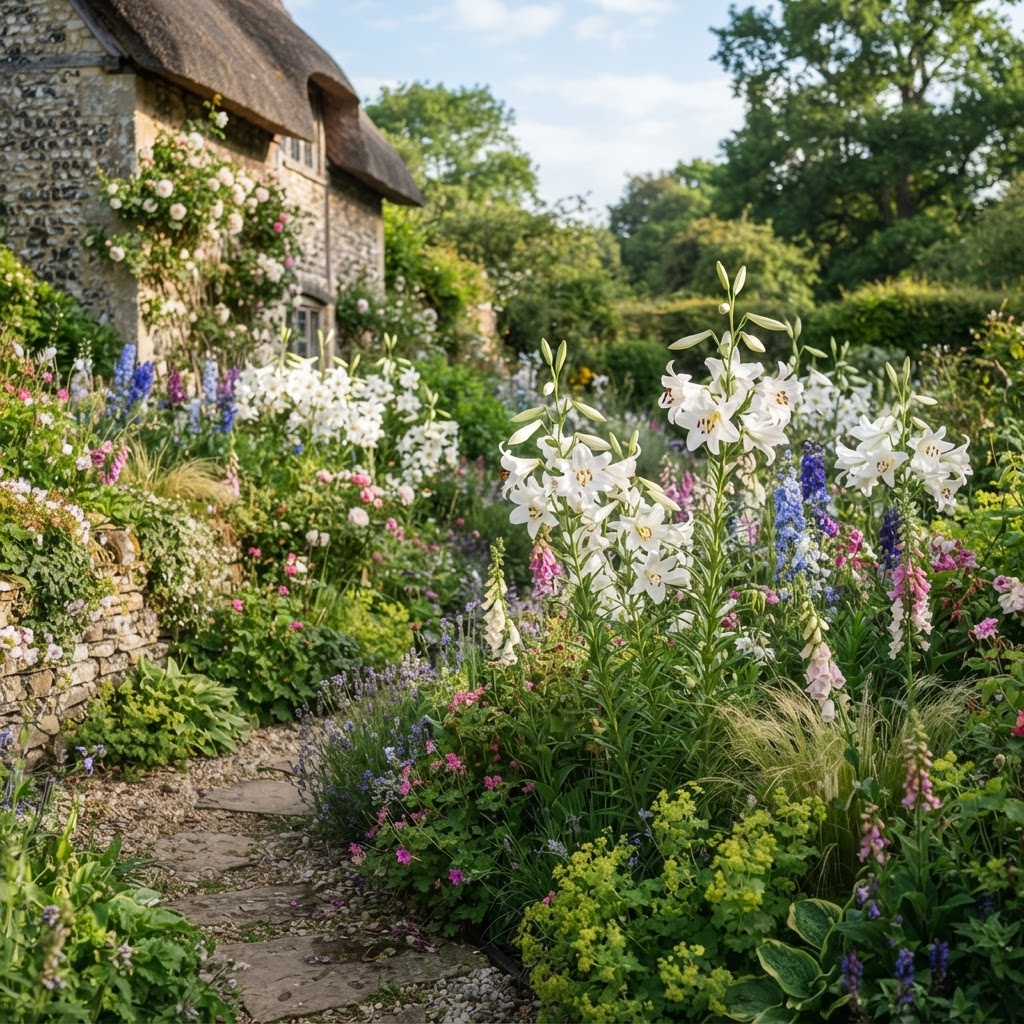 Tall white Madonna lilies flowering in a cottage garden border in early summer