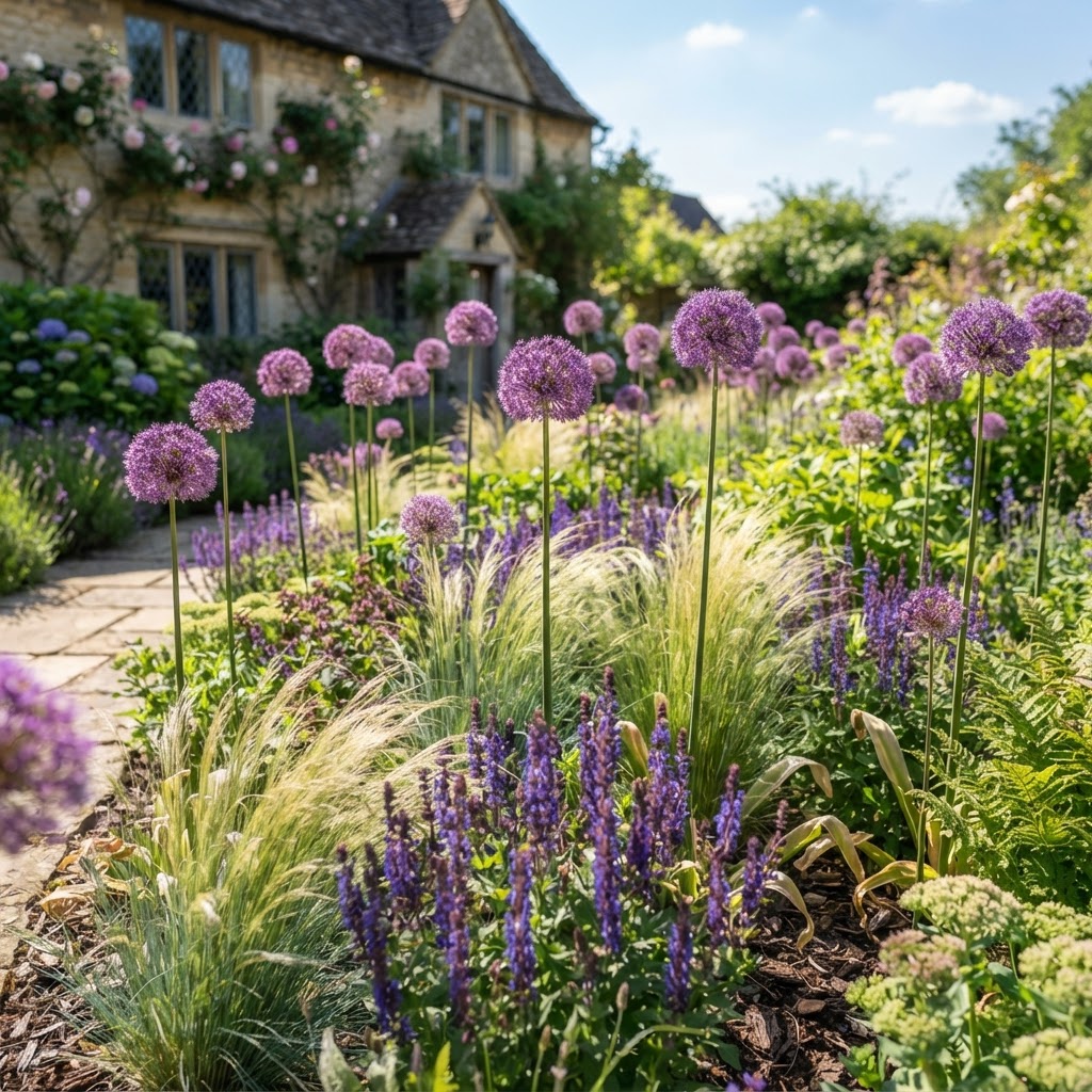 Purple allium globes rising above ornamental grasses and blue salvia in a sunny front garden