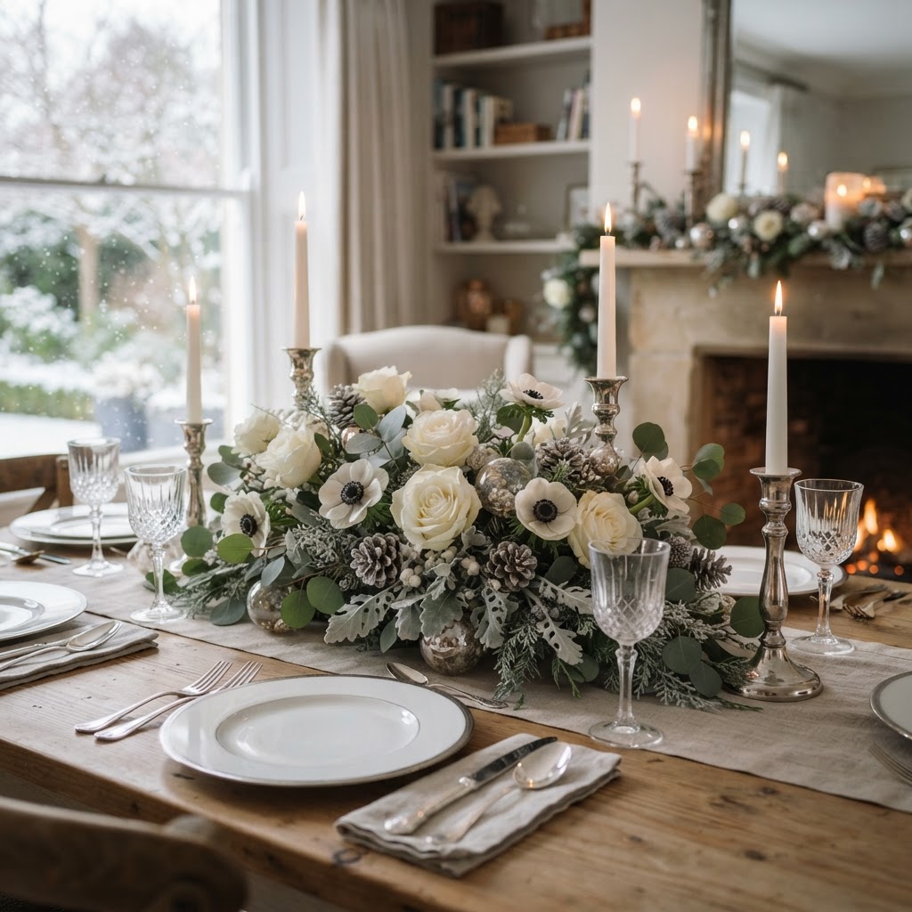Silver and white winter centrepiece of white roses, white anemones, silver eucalyptus and frosted pine cones with white candles on a dining table