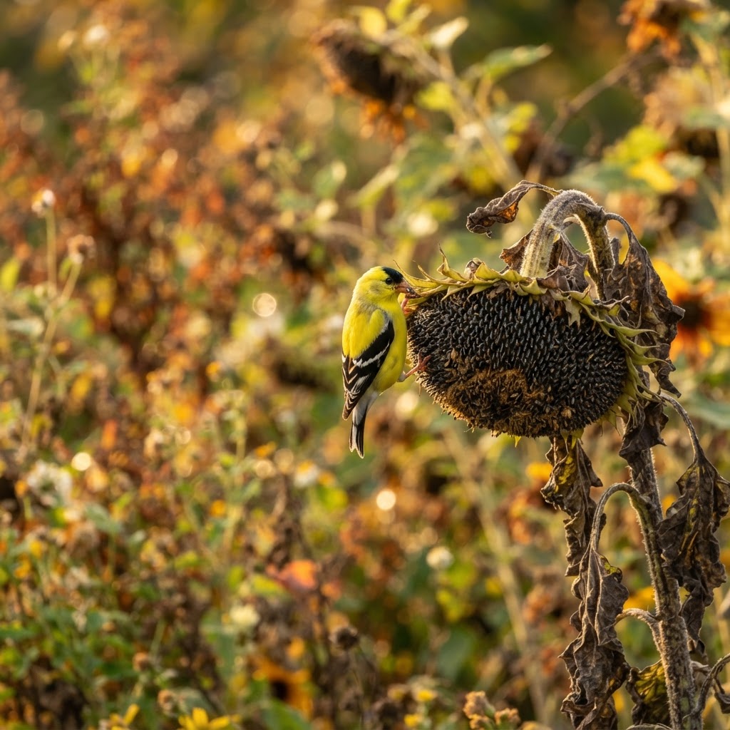 Yellow goldfinch feeding on seeds from a ripe sunflower head in autumn