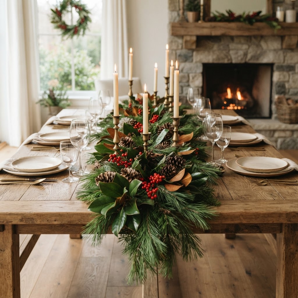 Long low table runner centrepiece of pine, glossy magnolia leaves, red berries and pine cones with brass candlesticks and ivory taper candles down a rustic oak table